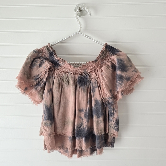 Blue Life Off The Shoulder Tie Dye Fray Edge Top Small Pink Gray Green - Picture 5 of 9